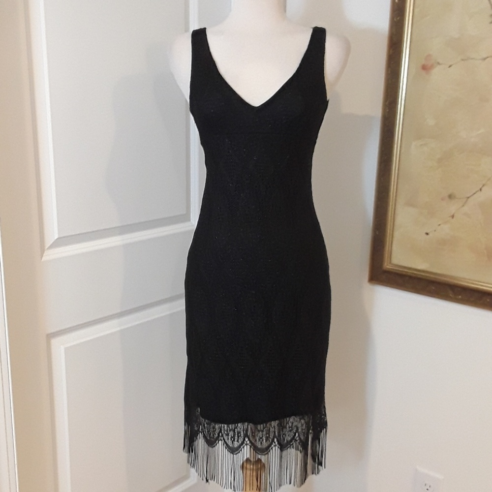 Lace Shimmer Black Fringe Dress